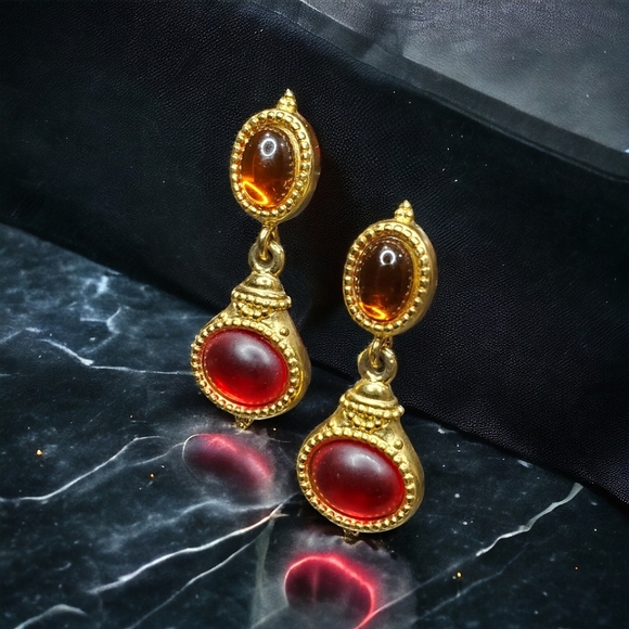 New Byzantine Revival Topaz Ruby Cabochon Dangle Earrings - Picture 2 of 4